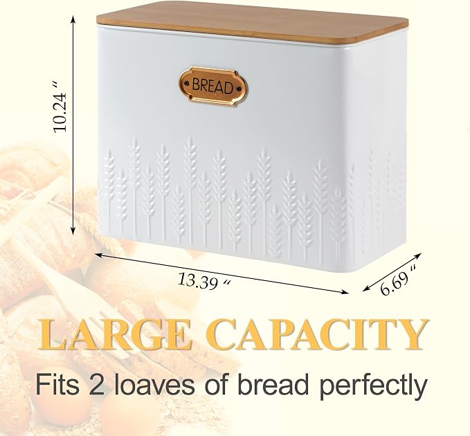Extra Large Ear of Wheat Embossed Bread Box with Bamboo Lid | Corner Breadbox for Homemade Bread, White Metal Bread Storage Container Bin for Kitchen Countertop, Fits 2 Loaves of Bread