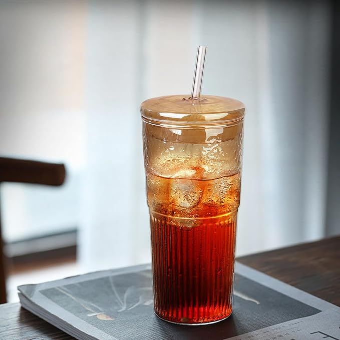 JunVpic Glass Coffee Tumbler, 20 oz Glass Cup with Lid and Straw | Amber glass design, Hammered Texture, reusable straw and lid for iced coffee, tea, smoothies and hot & cold drink