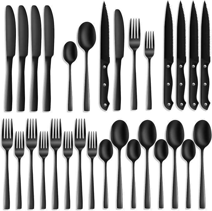 24-Piece Black Silverware Set for 4, Stainless Steel Flatware Set with Steak Knives & Utensil Sets - Mirror Finish Cutlery for Home & Restaurant