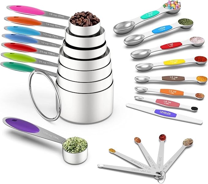 Wildone Measuring Cups and Magnetic Measuring Spoons Set, 21Pcs | 8 Stainless Measuring Cups, 7 Magnetic Measuring Spoons, Leveler & 5 Mini Spoons for Spice Jar and Liquid, Multicolor