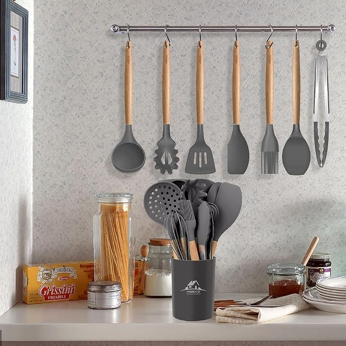 MIBOTE Silicone Cooking Kitchen Utensils Set, 17 Pcs, Wooden Handle, Grey | BPA-Free, Non-Toxic Silicone Turner, Tongs, Spatula, Spoon Set – Great for Nonstick Cookware, Heat-Resistant, Easy Clean