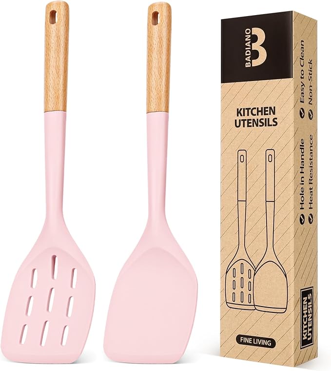 Silicone Spatula, Non Stick Turner for Cooking, Food Grade, Pink | Heat Resistant, Flexible Edge, 2 Pack Wooden Handle Kitchen Turner for Baking Mixing Grilling Serving Food
