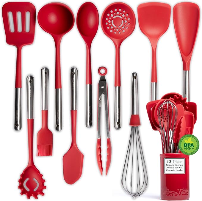 Larder & Vine 12-Piece Silicone Kitchen Cooking Utensils Set with Stainless Steel Handle and Ceramic Holder, Dishwasher Safe Set of Kitchen Essentials (Cabernet)
