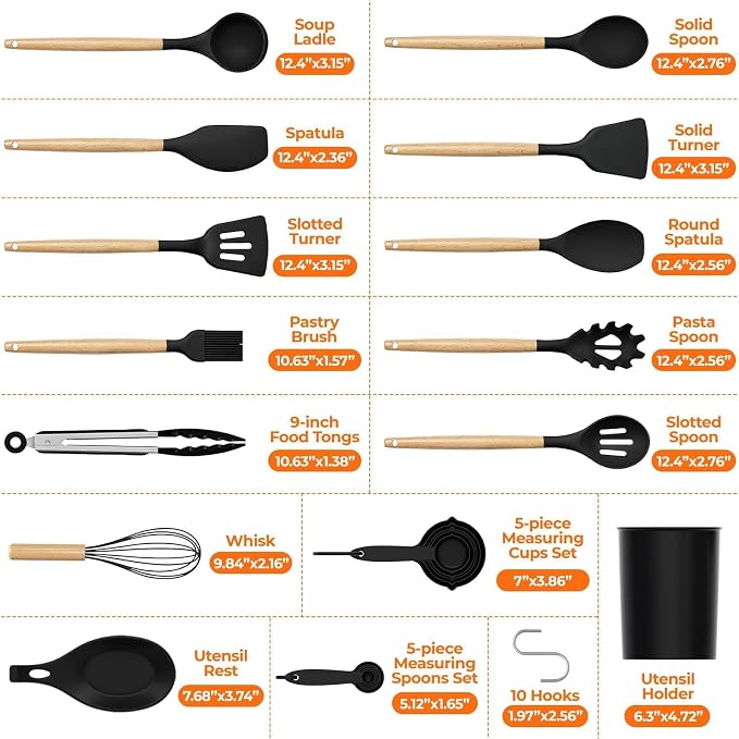 33Pcs Kitchen Utensils Set Silicone Cooking Utensils Set with Wooden Handle | Heat-Resistant, Dishwasher Safe, BPA-Free Silicone Kitchen Utensil Set with Wooden Handles & Holder for Nonstick Cookware