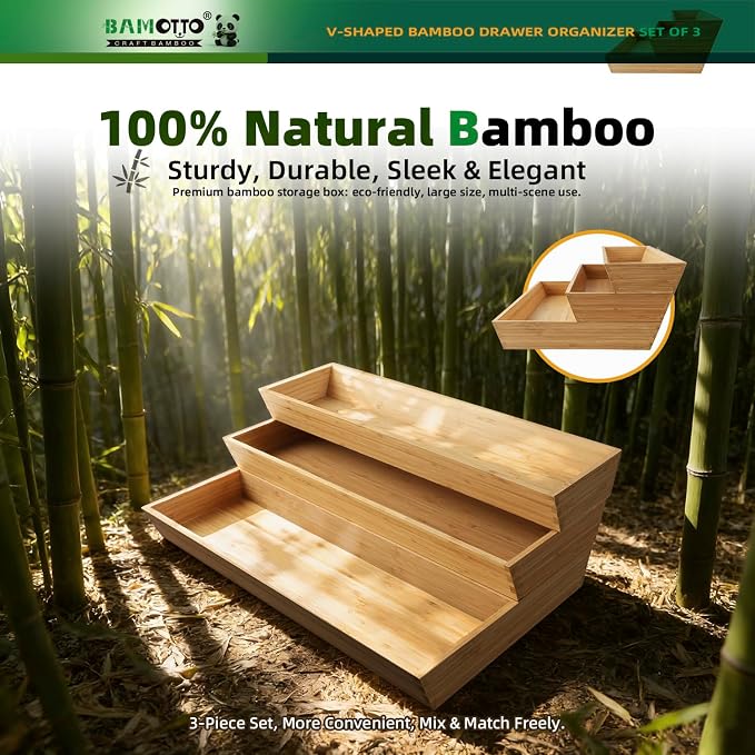 BAMOTTO CRAFTBAMBOO Large Long V-Shaped Bamboo Drawer Organizer Set of 3 | Silverware & Cutlery Tray | Flatware & Utensil | Kitchen & Bathroom | 19.6"×5.7" & 19.6"×7.8" & 19.6"×12.4"