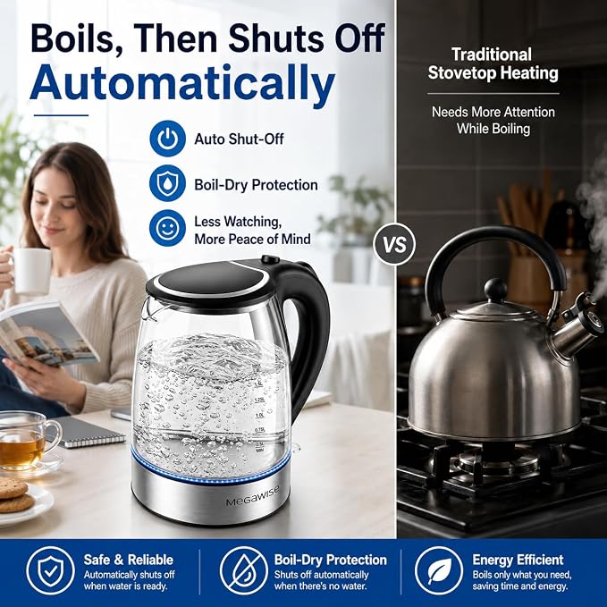 MEGAWISE Electric Kettle 1.8L, High Power Fast Boiling Hot Water Boiler, Auto Shut-Off, BPA-Free Food-Grade Material, Tea Kettle for Kitchen Home Office Coffee Tea