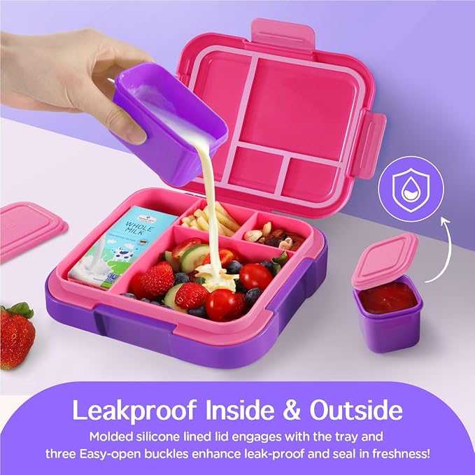 Caperci Bento Box for Kids Age 4-8 - 4.8 Cups Lunch Box with 2 Modular Containers - 4 Compartments Lunch Container, Leak-Proof, Portable Handle, Microwave/Dishwasher Safe (Fuchsia/Purple)