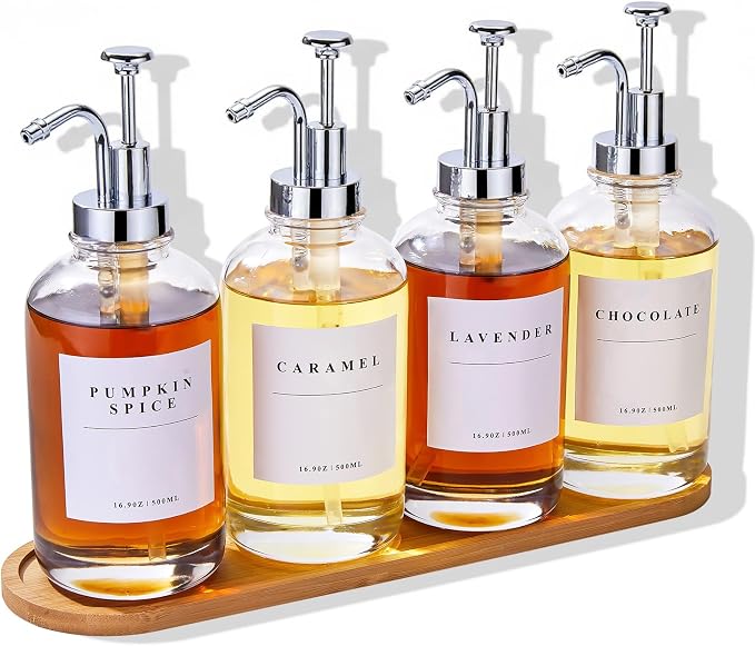 Coffee Syrup Dispenser for Coffee Bar with Silver Upgraded Pump, 4 Pack | Coffee Syrup Pump Dispenser, Glass Syrup Bottle 16.9 oz 500 ml Syrup Dispensers, 28 Labels and Large Bamboo Tray