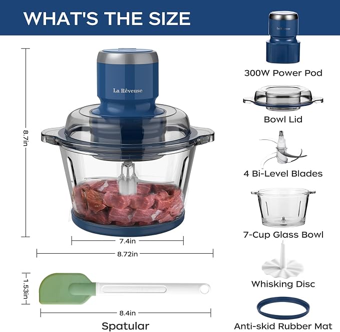 La Reveuse Electric Food Processor, 7-Cup Food Chopper Glass Bowl, Blue | for Chopping, Grinding, Mincing, Whisking, Meal Prep, 2-Layer Chop Blade, (1) Whisking Disc, (1) Spatula, 300W, LARB4016