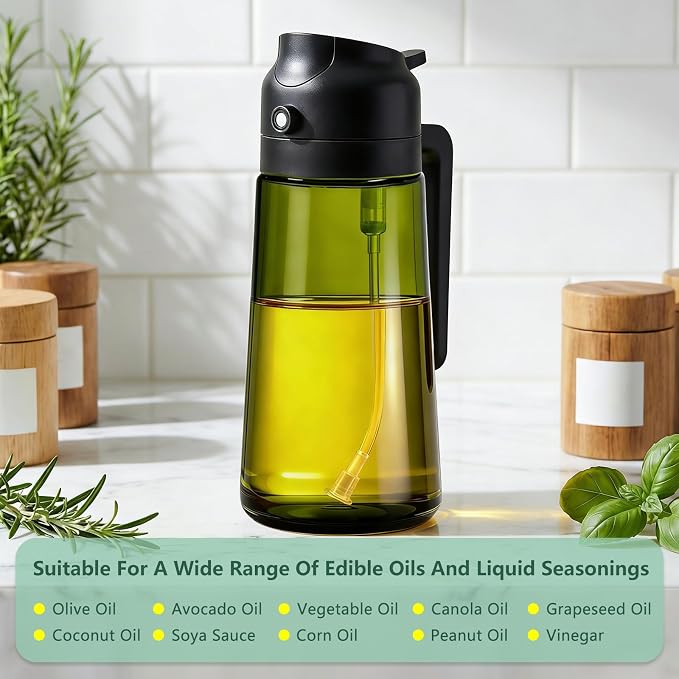 Olive Oil Sprayer & Dispenser Bottle for Cooking, Air Fryer, BBQ, and Salad – 2-in-1 Oil Mister Kitchen Accessory (Black)