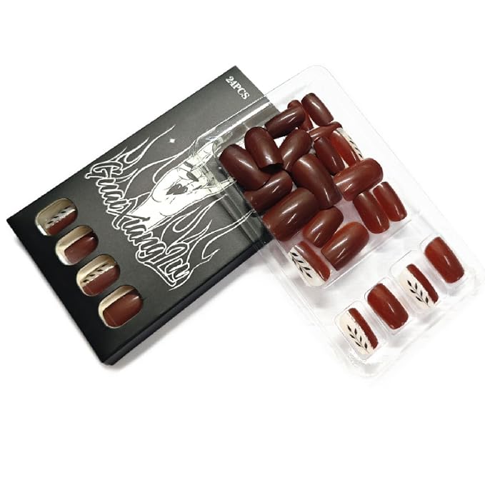 Fall Press on Nails Medium Square Fake Nails with Leaves Glitter Designs Nails Press ons Brown Artificial Nails Autumn Stick on Nails for Women 24 Pcs