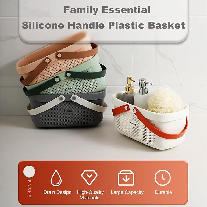 JiatuA Plastic Storage Basket with Handle Portable Shower Caddy Tote Organizer Basket Bin for Bathroom Kitchen Dorm Room Bedroom, Gray | Sturdy Drainage Large Capacity Organizer Basket with Silicone Handles for Bathroom Kitchen Bedroom College Dorm Ess...
