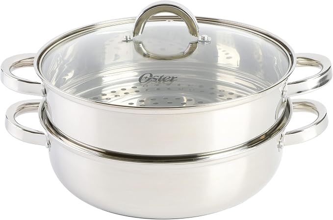 Oster Sangerfield 11-Inch Stainless Steel Everyday Cookware Pan with Steamer and Lid – Durable Nonstick Frying Skillet for Kitchen Cooking (Pack of 2)