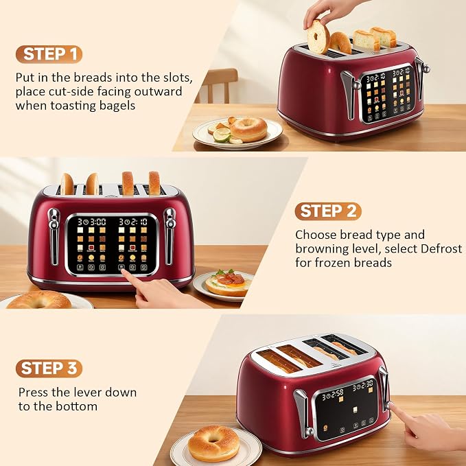 Mecity Toaster 4 Slice, Touch Screen Wide Slot Retro Toaster For Breads Bagel Muffin Waffle, House Warming Gift New Home, 120V 1650W, Red Pearl