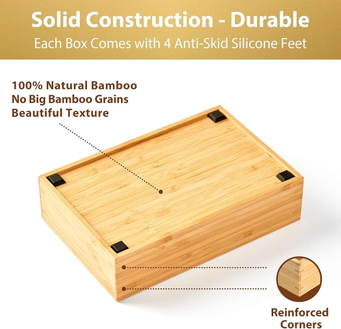 Bamboo Kitchen Drawer Organizer, Extra High Silverware Tray, Flatware Cutlery Storage Box, Multi-Use Holder in Office, Bathroom, Pantry - 9"x6"x2.5" (Set of 2)