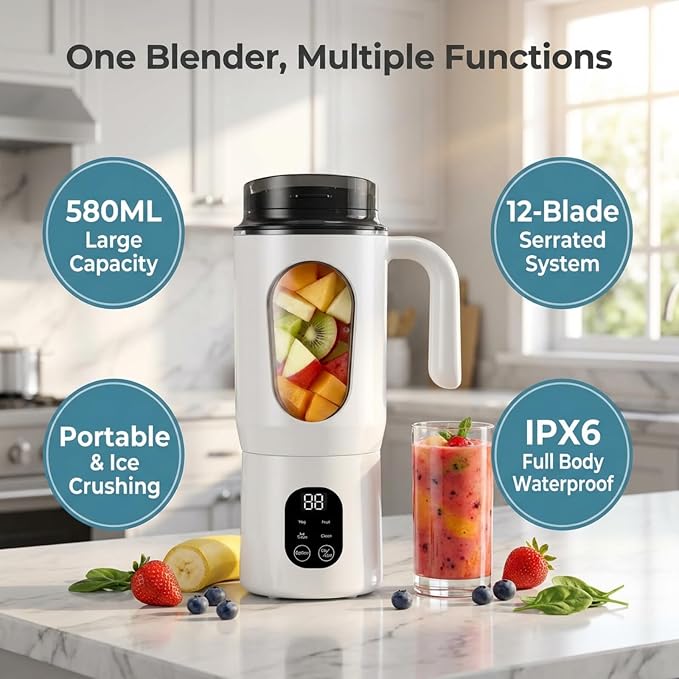 Lilogi 580ML Portable Blender with LED Display, 12-Blade USB-C Rechargeable Travel Blender with Handle & Extra Lid, Ideal for Kitchen, Office, Gym & Outdoor Sports