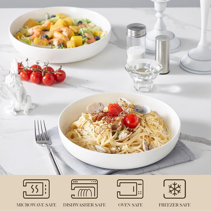 MALACASA 48 Oz Pasta Bowls Set of 4, Ceramic Salad Bowls, White | Microwave, Oven (482F), and Dishwasher Safe, For Pasta, Salad, Cereal, and Soup, 9 Inch Wide Shallow Design, Stackable, LUNA