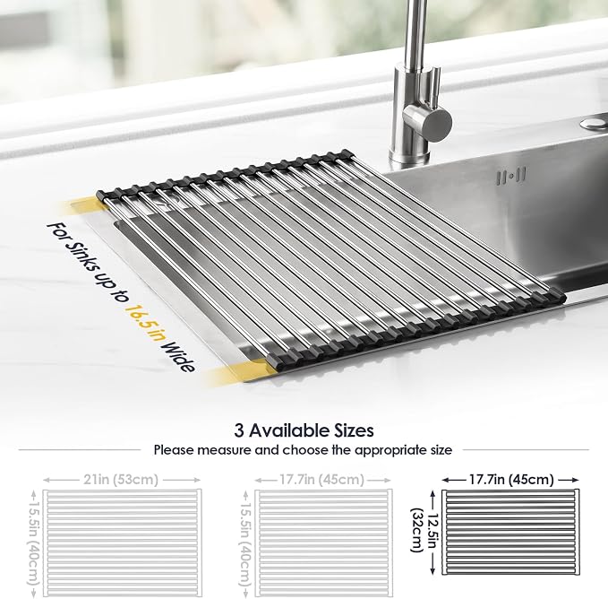 Tomorotec Roll Up Dish Drying Rack Over Sink, 304 Steel, 17.7x12.5, Black | Anti-Slip Silicone Rims For Grip, Heat-Resistant Trivet Mat Holding Heavy Cookware, Rustproof Kitchen Counter Space Saver