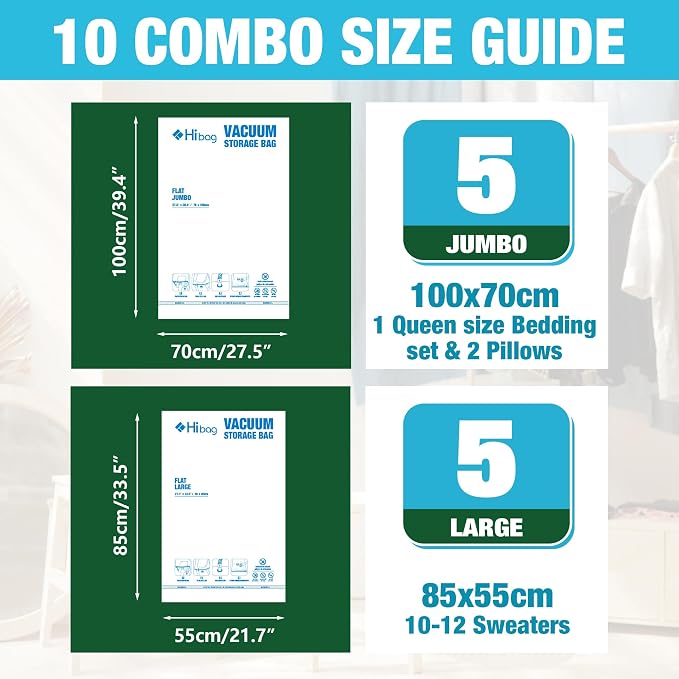 Vacuum Storage Bags, Vacuum Seal Bags for Clothing, 5 Jumbo 5 Large | Extra Large XL, Airtight Triple Seal, Save 80% Space, Hand Pump, Work with Vacuum, Double Zip, Reusable, Easy to Use
