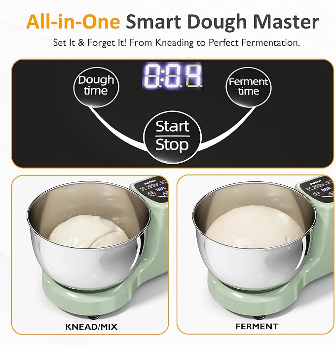 Sunvivi Electric Dough Maker with Ferment Function, 5.3QT Dough Mixer with Adjust Time, Household Stand Mixer Kitchen Flour Kneading Machine, LED Touch Panel, 304 Stainless Steel Bowl, Green