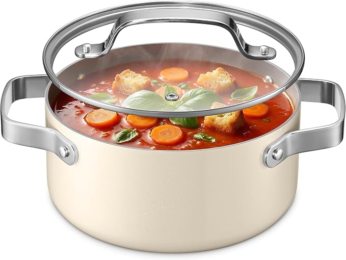 Bakken 3 Quart Ceramic Coated Stock Pot with Lid, Easy to Clean Nonstick Pot, Tempered Glass Lid, Riveted Stainless Steel Handles, Oven Safe Up To 500°F, PTFE & PFAS Free, All Stove Compatible, Cream