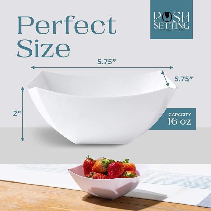 4 Pack Disposable White Plastic Serving Bowls Square Party Candy Use 16oz | Square Design. Disposable Party Tableware. Salad, Fruit & Candy Use. Candy Buffet Containers. White Plastic.