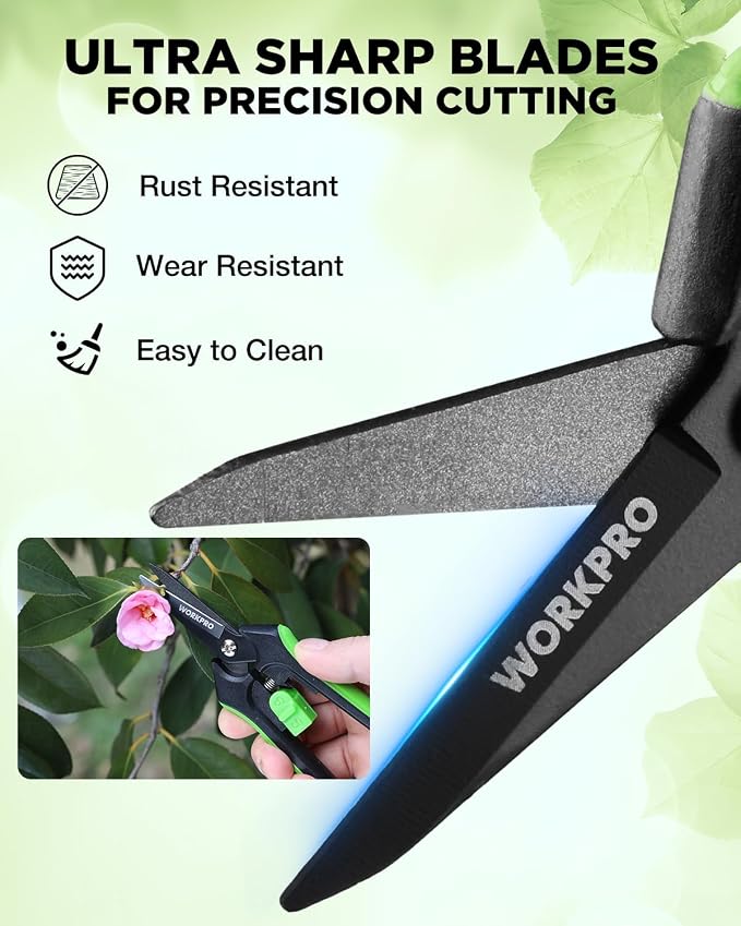 WORKPRO 6-Inch Garden Pruning Shears | High-Carbon Steel Gardening Scissors, Spring-Loaded Nonstick Pruning Shears with Safety Lock for Fruit & Vegetable Picking