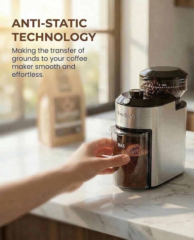 Lonkion Coffee Grinder - Electric Burr Coffee Grinder with 28 Adjustable Settings for Espresso, Drip, French Press - Stainless Steel Coffee Bean Grinder with Anti-Static, 2-12 Cup for Home Use, Black