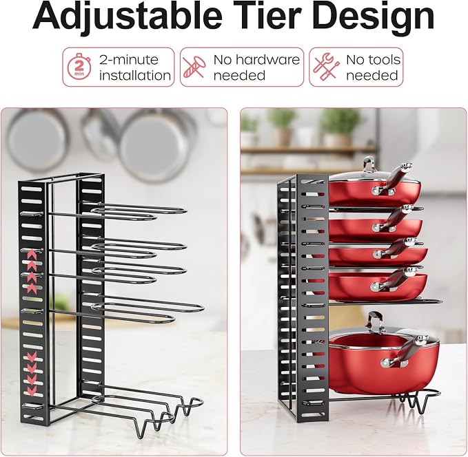 MUDEELA 8-Tier Pots and Pans Organizer under Cabinet, 16.61" Height Light Duty Pot and Pan Organizer Kitchen Cabinet Organization and Storage, Adjustable Pot Rack with 3 DIY Methods for Lids, Bakeware | Light-duty adjustable pot rack, 3 DIY methods, Ho...