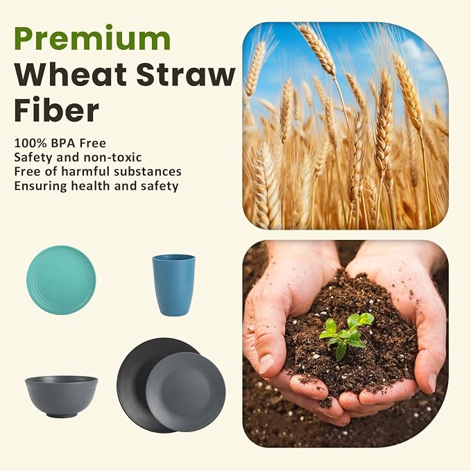 40 PCS Premium Wheat Straw Dinnerware Sets, Reusable Unbreakable Plates and Bowls Set, Cups Sets, Service for 8, Microwave and Dishwasher Safe Dishes Set for Party, Outdoor (Nightscape)