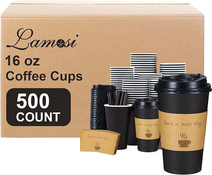 Lamosi 500 Pack 16 oz Coffee Cups, Disposable To Go Paper Cups with Lid | Hot Insulated Cups with Lids, Stir Sticks and Sleeves for Cold Drinks, Tea and Latte, Cafe, Travel and Home Use