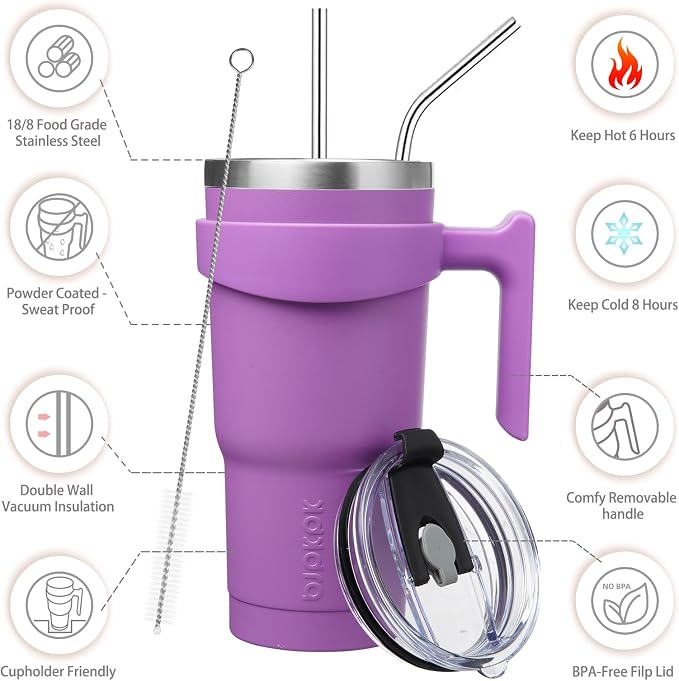 BJPKPK 20 oz Tumbler with Handle & Straw, Insulated Stainless Steel Mug | Double Wall Vacuum, Keeps Hot/Cold, Thermal Cup, BPA Free, Dishwasher Safe, Cupholder Fit, Coffee & Travel, Lavender