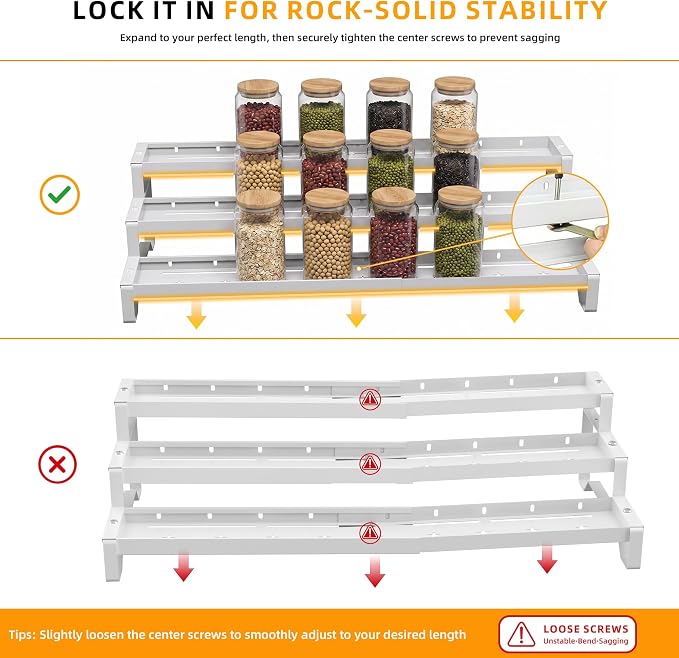 2 Pack Spice Rack Organizer for Cabinet, 13-21.5" Expandable Spicy Shelf | 9.45" Depth 3-Tier White Metal Seasoning Organizer, Kitchen Spice Organization, Slip-Resistant Guardrails for Jars and Cans
