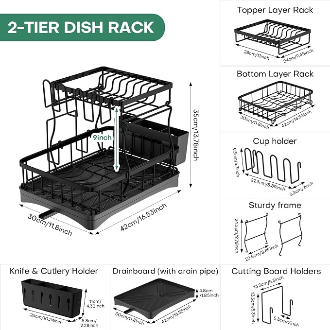 2 Tier Dish Rack, Carbon Steel Dish Drying Rack for Kitchen Organization & Storage, Countertop / Sink Dish Rack with Automatic Drain Tray, Large Capacity Black Dish Rack - Essential Home Kitchen Item