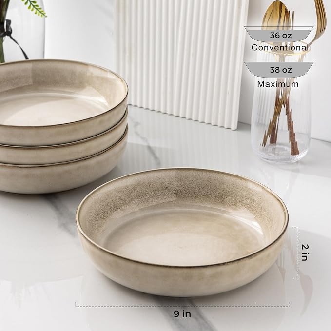 GBhome 8.75'' Large Ceramic Pasta Bowls, 38oz Stoneware Pasta Serving Bowls Set of 4 for Kitchen, Wide Bowls for Fruit,Pasta,Salad,Oatmeal,Meal, Microwave Safe, Reactive Glaze-Cappuccino