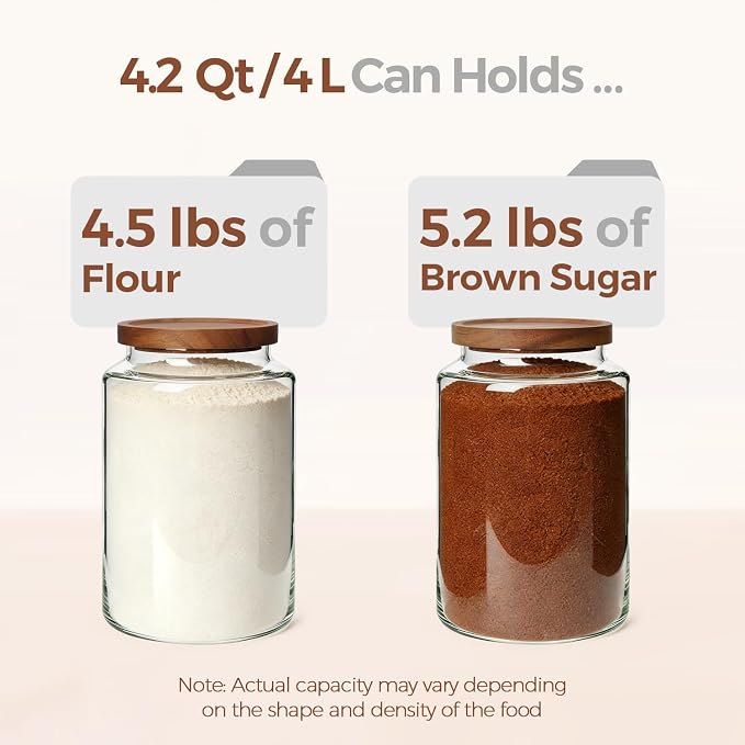 ComSaf Flour Storage Containers with Acacia Wood Lids 1Gallon 2Pack | 4.2Qt Large Glass Jar, for Cooks, Flour Cereal Rice Oats, Kitchen Pantry, 4.4in Wide Mouth, Canister with Scoops & Labels