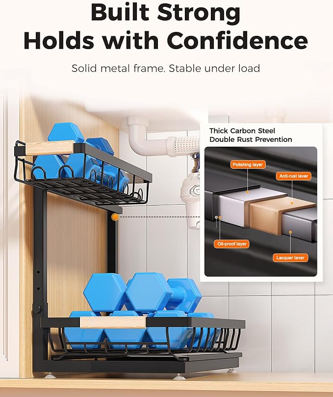 3-Pack 2-Tier Height Adjustable Under Sink Organizer, Black | Multi-purpose metal storage shelf with sliding shelves for kitchen, bathroom, pantry & laundry cabinet
