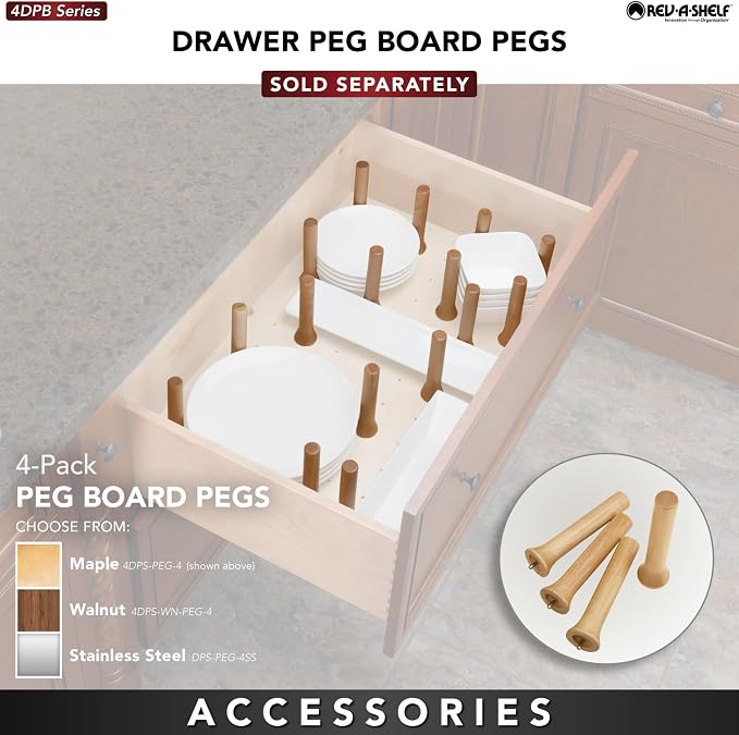 Rev-A-Shelf Trimmable Pegboard Drawer Divider Organizer | Trim to Custom Fit Wooden Kitchen Cabinet Storage Utensil, Pots & Dish Rack, 30 x 21, 4DPS-3021
