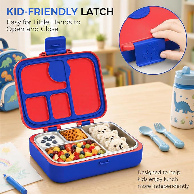 Kids Stainless Steel Bento Lunch Box, 4 Compartments | Leak-Resistant 4 Cups Lunch Container for Ages 4+ with Easy-Open Latch, Removable Seal & Meal Feedback Icon