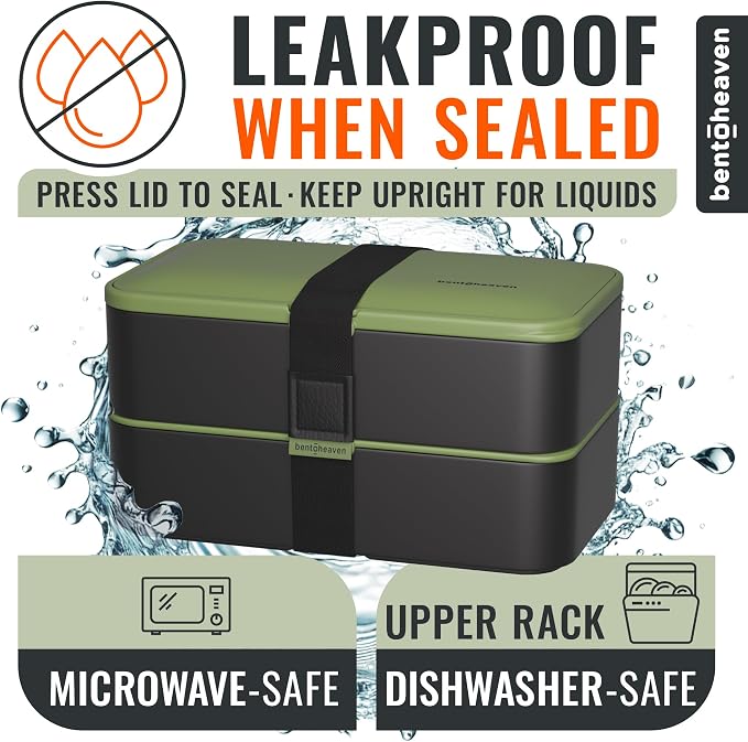 Bentoheaven Bento Box Adult, Stackable Lunch Box, 40 oz, Olive Garden | BPA-free, leakproof and microwave-safe with 2 compartments, utensils, chopsticks, divider and sauce cup for men and women.