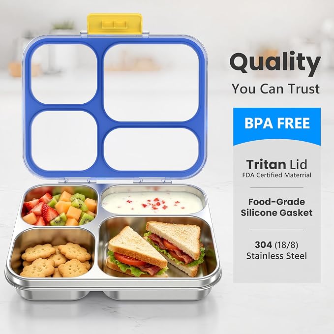 HOMEKOL Stainless Steel Bento Lunch Box, 4 Cups, Blue | 4-Compartment Leak-Proof Metal Lunch Container for Kids & Adults, BPA/BPS-Free, Dishwasher Safe, Clear Lid, (Not Insulated)