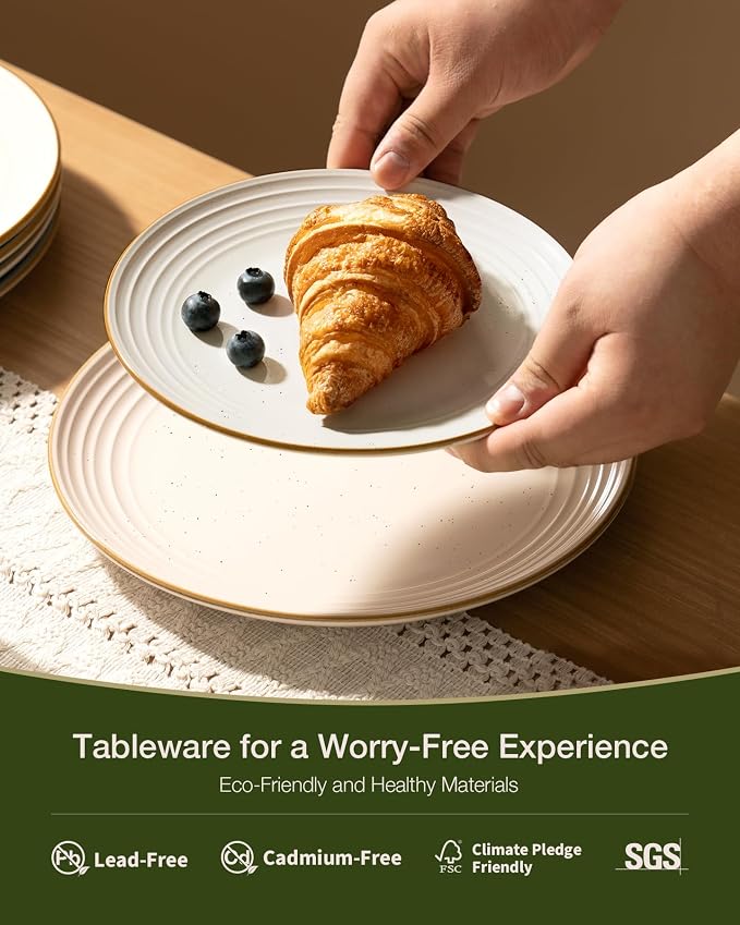 Famiware Jupiter Plates and Bowls Sets with Rim, Stoneware Dinnerware for 4 | 12-Piece Ceramic Neutral Dishes, Speckled & Embossed Swirl, Chip & Scratch Resistant, Microwave & Dishwasher Safe, Multicolor