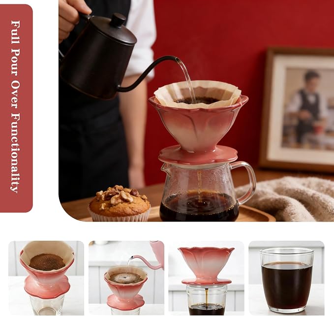 Premium Ceramic Pour Over Coffee Dripper，Includes 40pcs Coffee Filter Papers, suitable for home and travel, Flower Petal Dripper（Gradient Red）