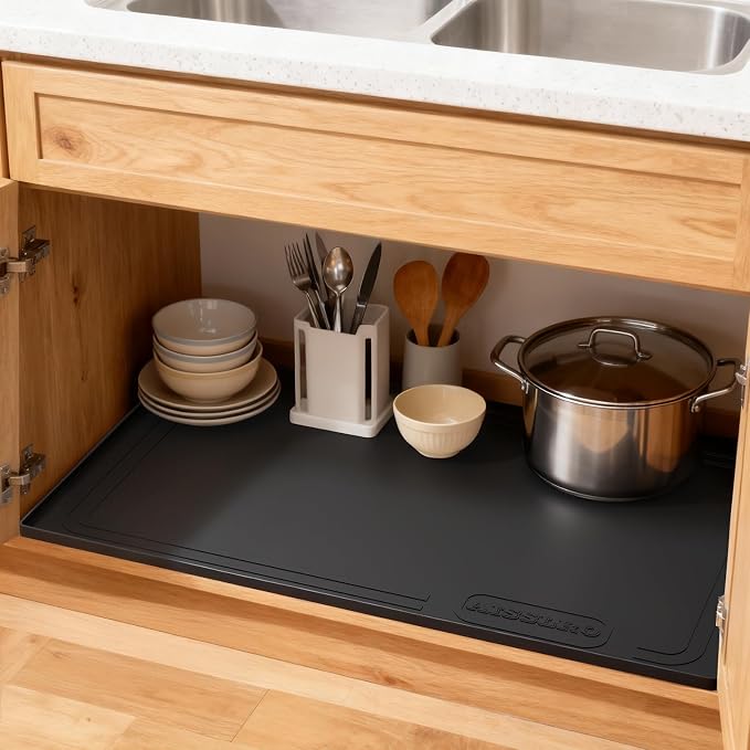 Under Sink Mat 34" X 22", Waterproof Silicone Cabinet Kitchen Liner, Black | BPA-Free Raised-Edge Cabinet Protector & Leak Tray for Bathroom Cabinets, Boots, Pet Feeding Dog & Cat Mats, Dishwasher Safe