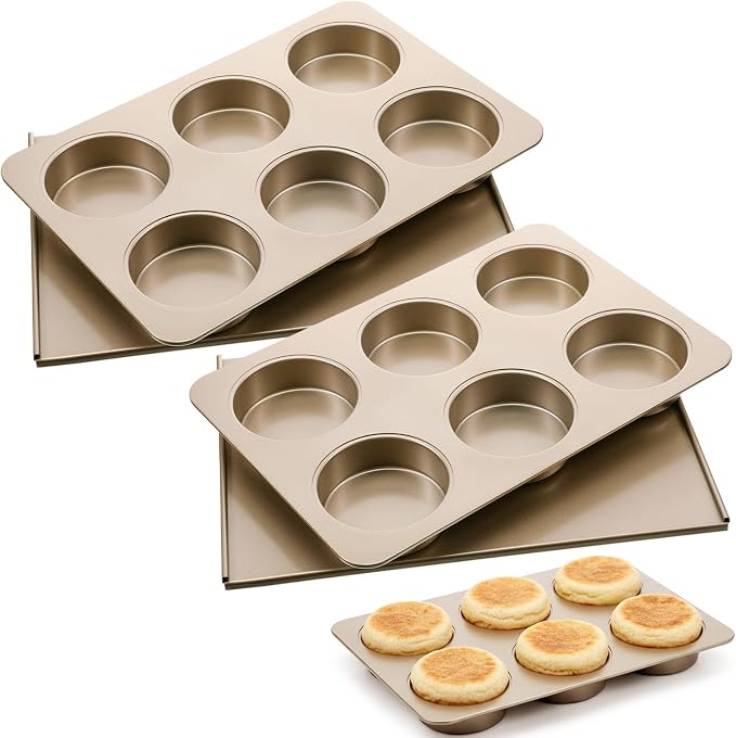 6 Cup Straight Side Jumbo English Muffin Cupcake Pan with Lid, 2 Set Nonstick Hamburger Bun Pan, Nonstick Baking Tin Tray Mold for Baking Burger Buns Roll Focaccia Quiche Pancake,Gold