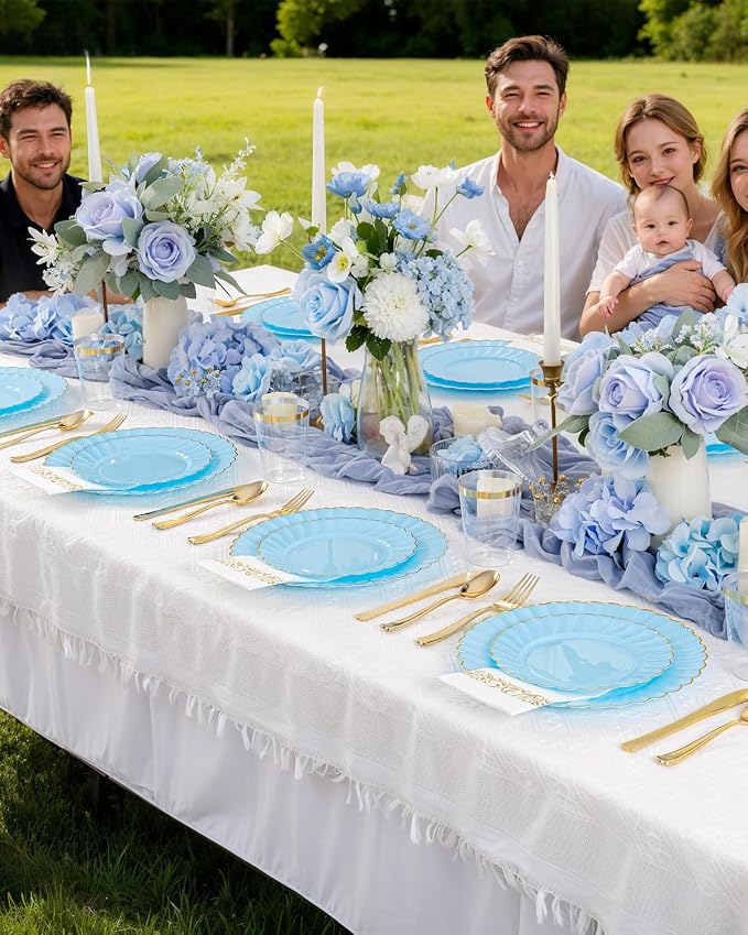 YOUBET 175PCS Light Blue Scalloped Plastic Plates for Party Wedding | Blue Disposable Dinnerware Set Include 50 Plates, 75 Gold Silverware, 25 Cups, 25 Napkins for Baby Shower