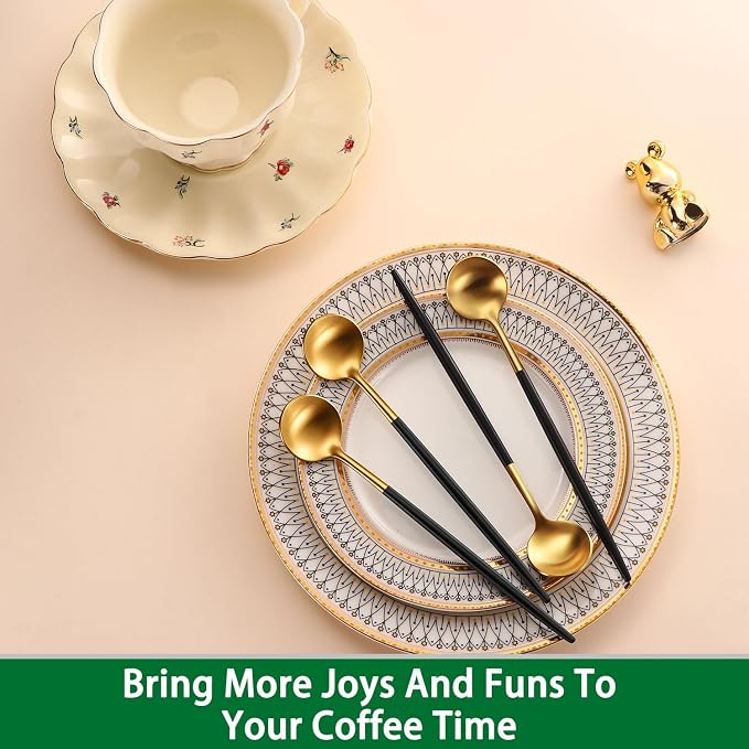 DEHOV 4 PCs 6.7 Inches Brush Gold Stainless Steel 304 Iced Tea Spoons With Black Handle,Long Handle Coffee Stirring Spoon,SS18/10 Matte Gold Black Handle Teaspoons