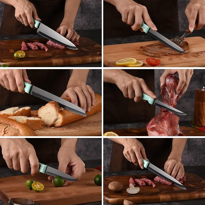 16-Piece Kitchen Knife Set with Block - High Carbon Stainless Steel Knives, Black Non-Stick Coating, Triple Riveted Forged Turquoise Handle, Dishwasher Safe, Includes Knife Sharpener, Scissors