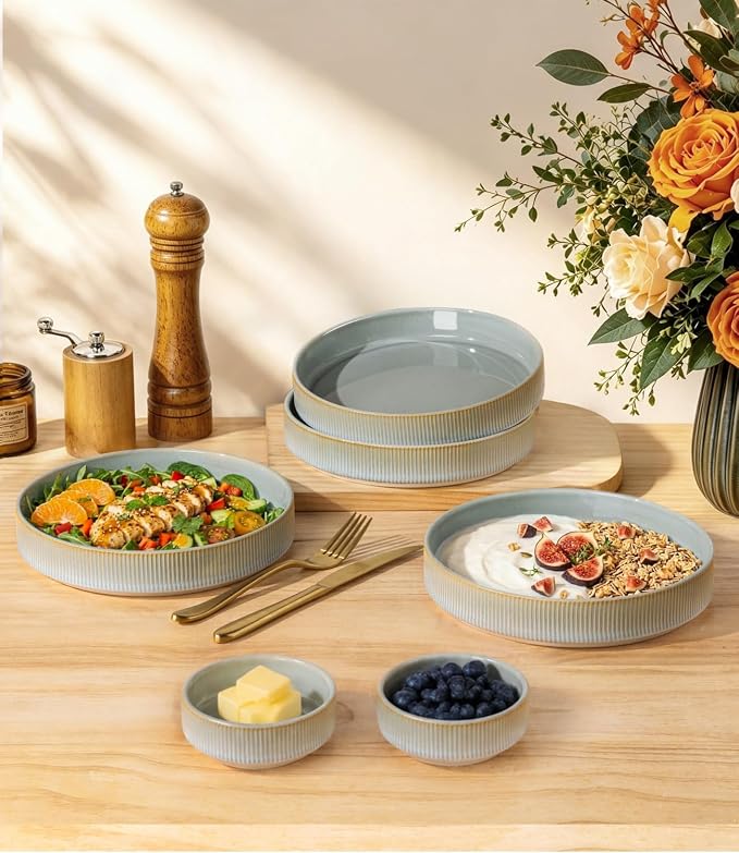 8.25" Ceramic Pasta Bowls Set of 4, Salad Bowls | Versatile Serving Bowls for Pasta, Salad, Fruit & Noodles, Housewarming & Wedding Gift, Desert Sage