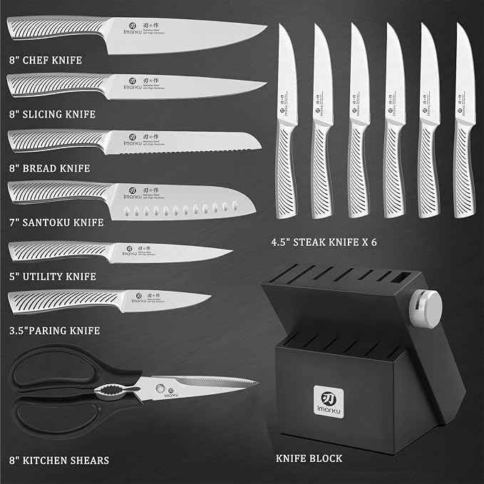 imarku 14 Pcs High-Carbon Stainless Steel Kitchen Knife Set Black | 56±2 HRC Hardness | Build-in Sharpener | Full Tang Ergonomic Handle | Dishwasher Safe | Gifts for Men